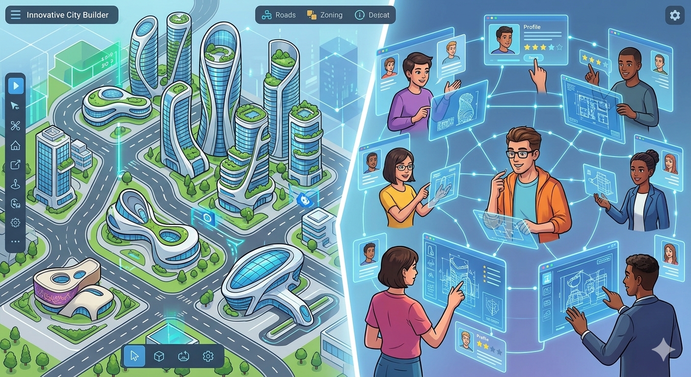 Ilustrasi generasi baru yang berfokus pada inovasi desain dan interaksi komunitas
