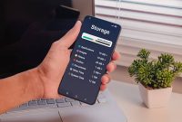 Seorang memegang smartphone dengan menampilkan menu rincian penyimpanan / iStockphoto