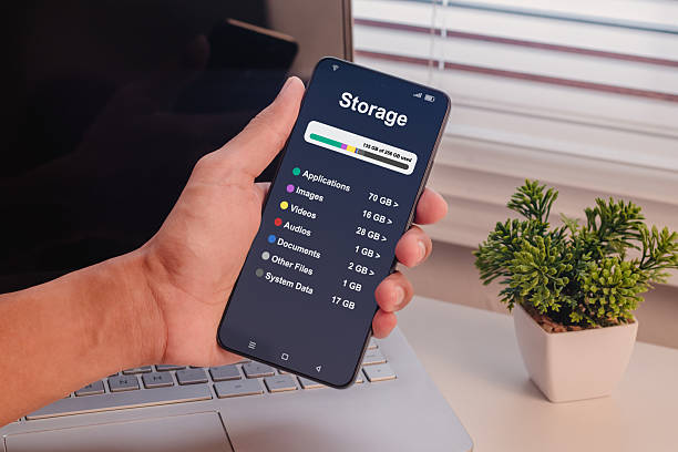 Seorang memegang smartphone dengan menampilkan menu rincian penyimpanan / iStockphoto
